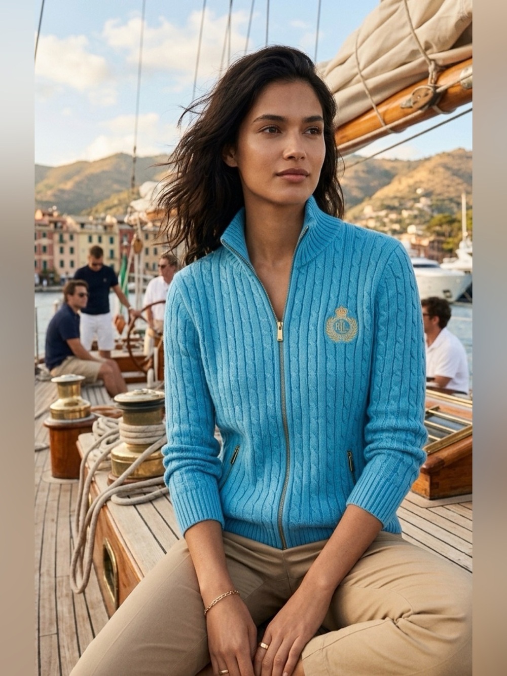 VTG Lauren Ralph Lauren Blue Cable Knit Full Zip Crest Sweater Cardigan Size XL